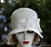 1920s Great Gatsby Wedding Party Cloche Hat In White Velvet Lace Pearls And Sequins 1 small