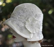 1920s Great Gatsby Wedding Party Cloche Hat In White Velvet Lace Pearls And Sequins 3 small