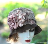 Edwardian Vintage Style Wedding Hat In Taupe Mauve Lace With Handmade Flowers 2 small