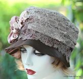 Edwardian Vintage Style Wedding Hat In Taupe Mauve Lace With Handmade Flowers 5 small