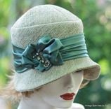 Women's Couture Downton Abbey Cloche Hat In Teal Moss Green Tweed 1 small