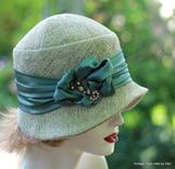Women's Couture Downton Abbey Cloche Hat In Teal Moss Green Tweed 2 small