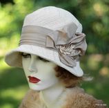 1920'S Cloche Hat In Ivory And Taupe Heavy Textured Fabric 3 small
