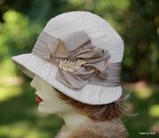 1920'S Cloche Hat In Ivory And Taupe Heavy Textured Fabric 5 small