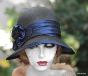 Vintage 20s Wide Brim Summer Cloche Hat In Black With Blue Trim 1 small