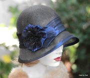 Vintage 20s Wide Brim Summer Cloche Hat In Black With Blue Trim 3 small