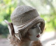 Casual To Formal Vintage 1920'S Cloche Hat In A Beige And Taupe 2 small