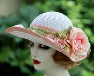 Wide Brim White Straw Summer Peach Flowered Hat  For Weddings And Special Ocassions 1 small