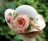 Wide Brim White Straw Summer Peach Flowered Hat  For Weddings And Special Ocassions 2 small