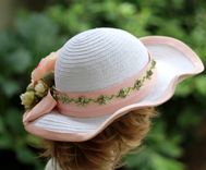 Wide Brim White Straw Summer Peach Flowered Hat  For Weddings And Special Ocassions 3 small