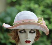 Wide Brim White Straw Summer Peach Flowered Hat  For Weddings And Special Ocassions 5 small