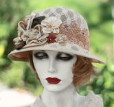 Renaissance Tudor Muffin Hat In Ivory Jacquard Fabric With Elegant Handmade Flowers 1 small