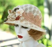 Renaissance Tudor Muffin Hat In Ivory Jacquard Fabric With Elegant Handmade Flowers 2 small