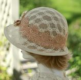 Renaissance Tudor Muffin Hat In Ivory Jacquard Fabric With Elegant Handmade Flowers 3 small