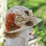 Renaissance Tudor Muffin Hat In Ivory Jacquard Fabric With Elegant Handmade Flowers 4 small