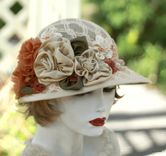Renaissance Tudor Muffin Hat In Ivory Jacquard Fabric With Elegant Handmade Flowers 5 small