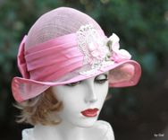 Summer Shabby Chic Pretty Pink Hat Sinamay Sun Flowers Lace 1 small