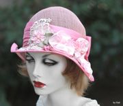 Summer Shabby Chic Pretty Pink Hat Sinamay Sun Flowers Lace 3 small