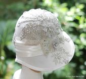 Vintage 1920'S Hat Elaborate Lace Rhinestone Beaded Wedding 3 small