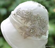 Vintage 1920'S Hat Elaborate Lace Rhinestone Beaded Wedding 5 small