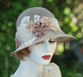 20'S Vintage Cloche Hat Garden Tea Party In Ivory Taupe Lace And Flowers 1 small