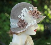 20'S Vintage Cloche Hat Garden Tea Party In Ivory Taupe Lace And Flowers 2 small