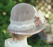 20'S Vintage Cloche Hat Garden Tea Party In Ivory Taupe Lace And Flowers 3 small