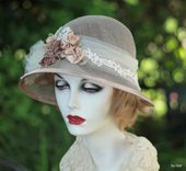20'S Vintage Cloche Hat Garden Tea Party In Ivory Taupe Lace And Flowers 4 small