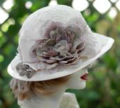 Vintage Edwardian Wide Brim Hat In Ivory Lace Taupe And Pale Pink 2 small