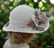 Vintage Edwardian Wide Brim Hat In Ivory Lace Taupe And Pale Pink 3 small