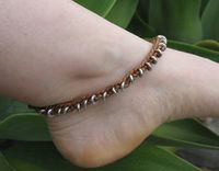 Bracelet / Anklet / Men's Bracelet:  Braided Brown Leather Cord With Silver  Beads 2 small