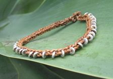 Bracelet / Anklet / Men's Bracelet:  Braided Brown Leather Cord With Silver  Beads 4 small
