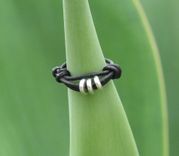Ring / Adjustable Ring: Black Leather With Three Silver Beads 1 small