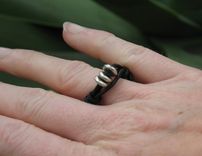 Ring / Adjustable Ring: Black Leather With Three Silver Beads 3 small