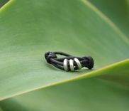 Ring / Adjustable Ring: Black Leather With Three Silver Beads 4 small