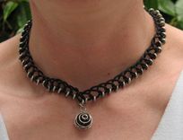 Necklace / Choker:  Black Braided Leather Cord With Silver Beads And Spiral Pendant 4 small
