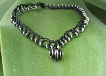 Necklace / Choker:  Black Braided Leather Cord With Silver Beads And Spiral Pendant 1 small