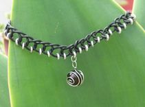 Necklace / Choker:  Black Braided Leather Cord With Silver Beads And Spiral Pendant 3 small