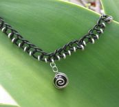 Necklace / Choker:  Black Braided Leather Cord With Silver Beads And Spiral Pendant 5 small