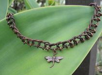 Necklace / Choker:  Brown Braided Leather Cord With Copper Beads And Pendant 1 small