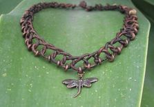 Necklace / Choker:  Brown Braided Leather Cord With Copper Beads And Pendant 2 small