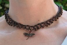 Necklace / Choker:  Brown Braided Leather Cord With Copper Beads And Pendant 6 small