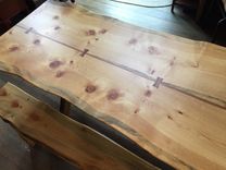 Beetle Kill Pine Ski Table With Cherry And Real Ski Accents 2 small