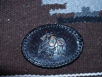 Indigenous Petroglyph Buckle Indian Warrior On Horse With Tomahawk 1 small