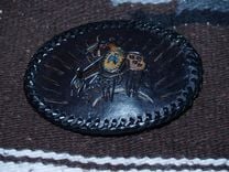 Indigenous Petroglyph Buckle Indian Warrior On Horse With Tomahawk 2 small