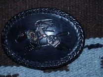 Indigenous Petroglyph Buckle Indian Warrior On Horse With Tomahawk 3 small