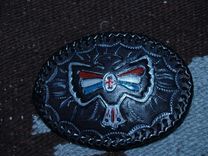 Indigenous Petroglyph Buckle Indian Warrior On Horse With Tomahawk 10 small