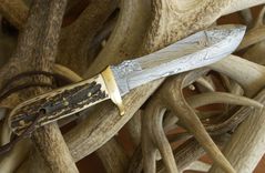 Stag Handled With Damascus Old World Damascus In This Modern Work Knife & Custom Leather Sheath 6 small