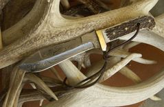 Stag Handled With Damascus Old World Damascus In This Modern Work Knife & Custom Leather Sheath 1 small