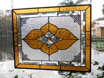 Vintage Look Stained Glass Window Panel, Neutral Champagne & Beveled Glass Transom Window 3 small